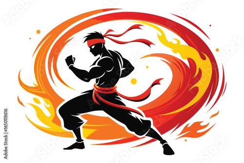Silhouette of a martial artist surrounded by flames in a dynamic pose