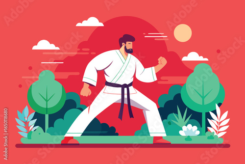 Karate Master Training Outdoors in Nature with Clouds and Sun Illustration