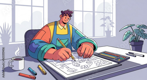 Illustration of artist drawing cartoon character with pencil in studio at home for creative design work