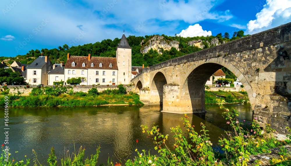Obraz premium Stone bridge spanning a river through a picturesque village.