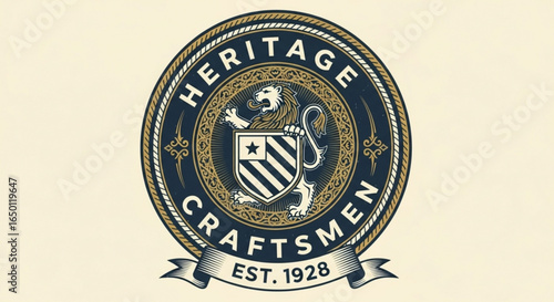 Heritage craftsmen logo design vector illustration featuring lion and shield emblem for brand identity use