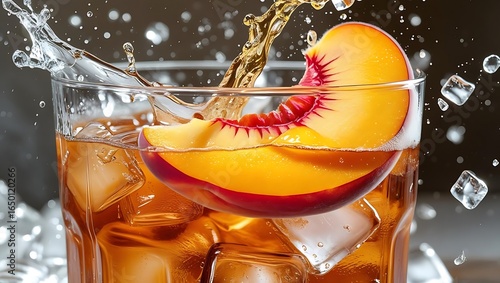 Dynamic action shot of a fresh peach slice plunging into a glass of refreshing iced tea with ice cubes