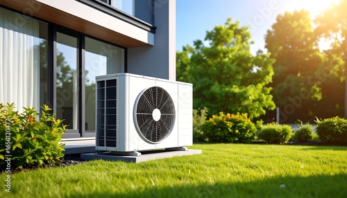 Modern Heat Pump with Home Exterior.