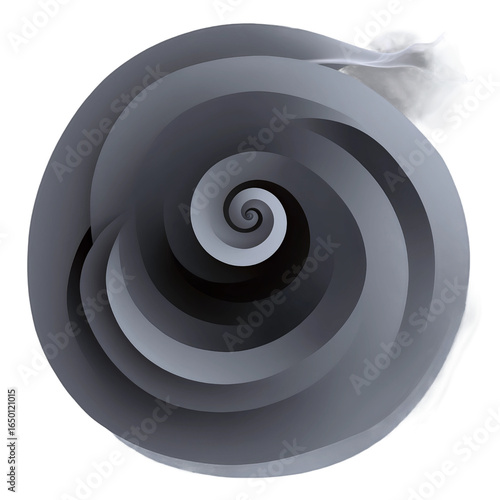 A monochromatic abstract image of a three-dimensional spiral vortex receding into darkness with a wisp of smoke.