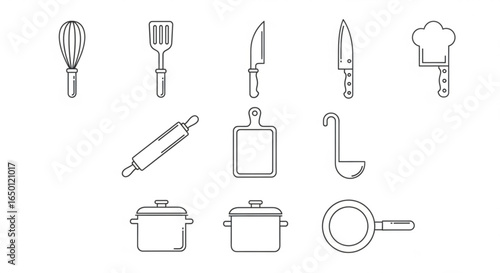 Kitchen tools and utensils line art vector illustration for cooking baking and food preparation concept art