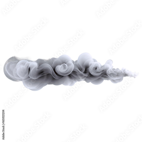 Realistic rendering of a swirling cloud of gray smoke against a clean white backdrop.