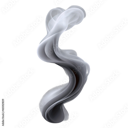 An abstract, swirling grey smoke wisps on a white background, creating an elegant and fluid motion effect.