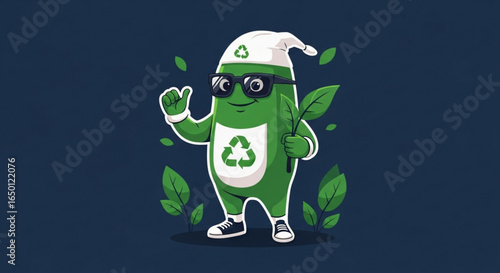 Promote eco friendly lifestyle with this cute recycling mascot character wearing glasses and hat illustration