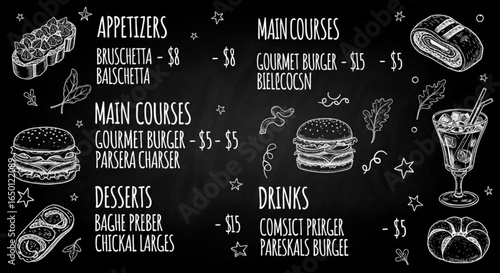 Chalkboard restaurant menu with gourmet burgers bruschetta and drinks vector illustration design template