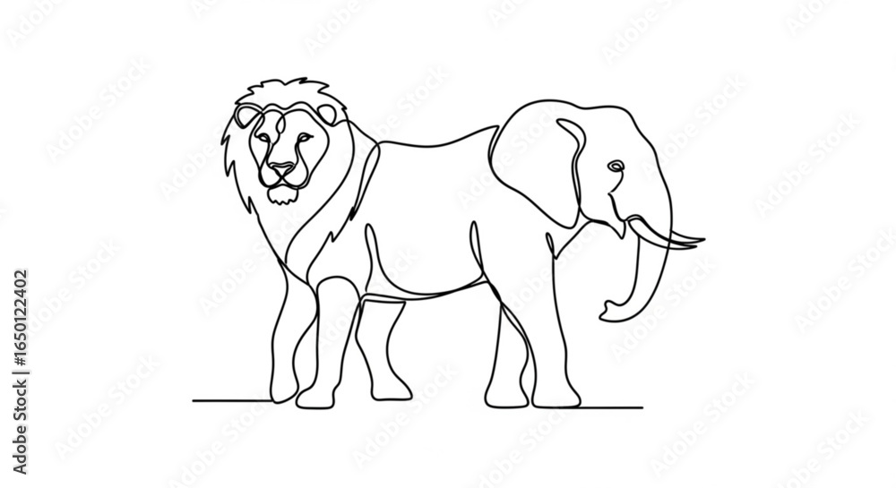 Fototapeta premium Lion elephant hybrid continuous line art vector drawing african wildlife animal illustration design concept