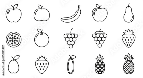 Vector outline drawing of healthy fruits collection apple banana grape orange strawberry pear pineapple plum