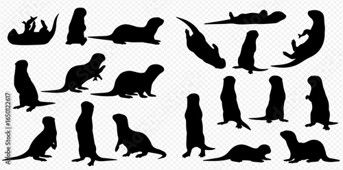 A versatile set of black otter silhouettes in numerous dynamic poses, including standing upright, swimming on their backs, and walking.