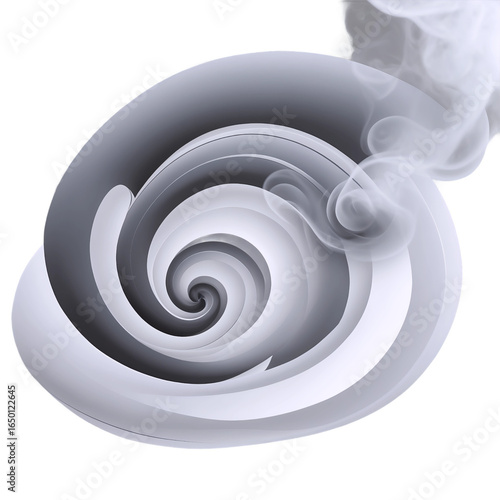 Abstract spiral design with smoke effect on a white background.