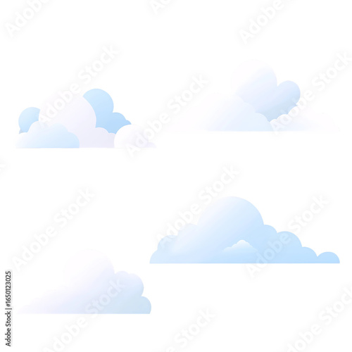 Four light blue and white clouds against a white background.