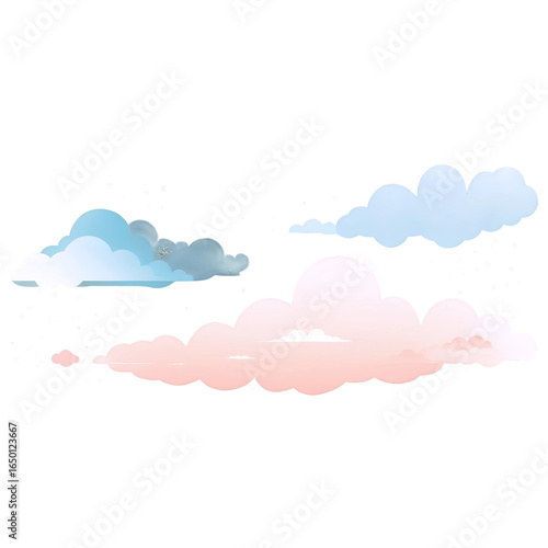 Watercolor illustration of fluffy, colorful clouds floating in a bright, clear sky.