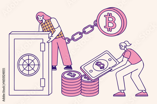 People interacting with bitcoin and a safe representing cryptocurrency security and investment