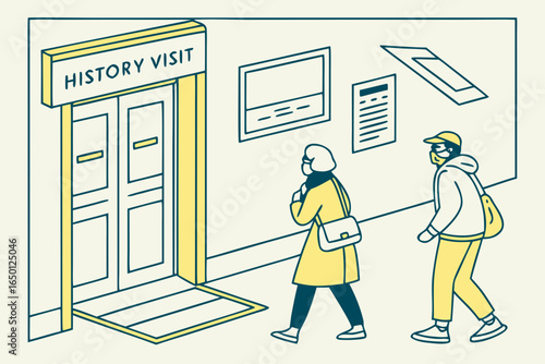 People wearing masks visit a history museum entrance