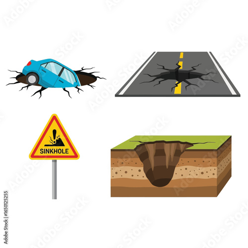 Sinkhole illustrations showing damage to a car and road, with a warning sign and cross-section of the ground.