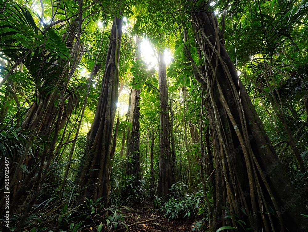 Fototapeta premium Sunlight Filters Through the Lush Green Canopy of a Tropical Rainforest