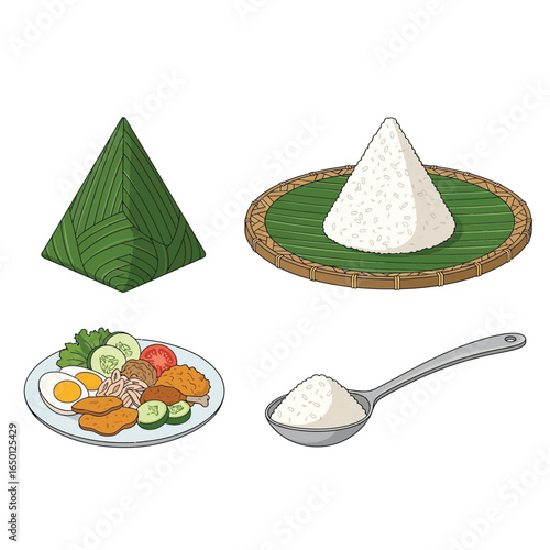 Illustration of various rice dishes, including a pyramid-shaped rice dish and a cone-shaped rice dish, with accompanying ingredients.