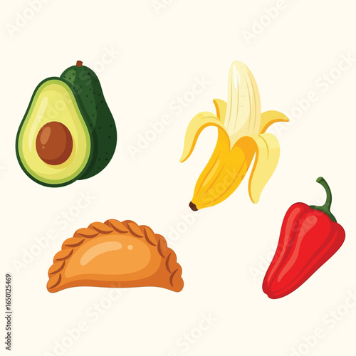 Vibrant illustration of an avocado, banana, empanada, and chili pepper.