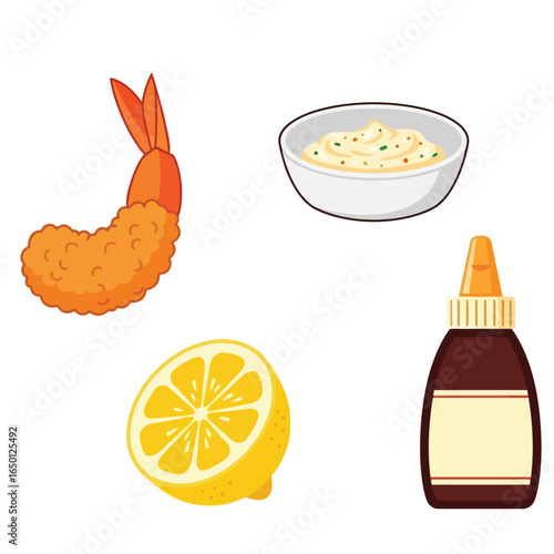 Breaded shrimp, lemon wedge, cocktail sauce, and dipping sauce.