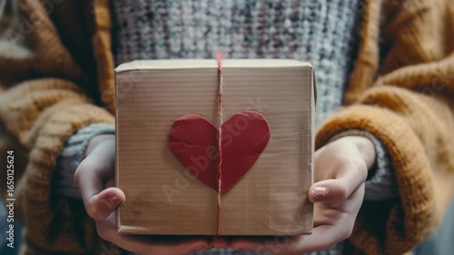Hand holding heart shaped gift box with red heart and ribbon.