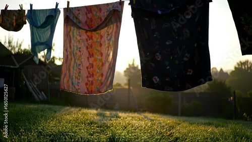 Colorful Fabrics Drying on Clothesline at Sunrise