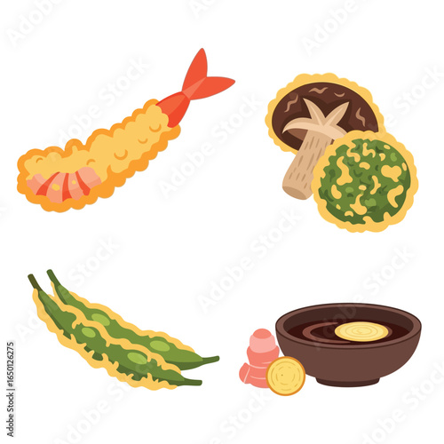 Cartoon illustration of Japanese tempura food items, including shrimp, mushrooms, and green beans.