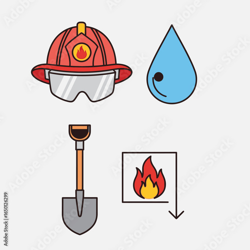 Firefighter safety equipment and fire suppression symbols.