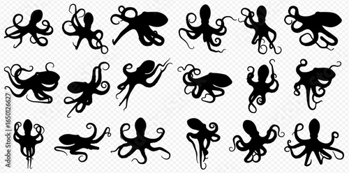 A collection of eighteen black octopus silhouettes in various dynamic poses on a transparent background.