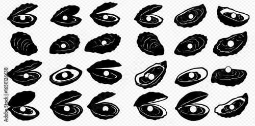A collection of black silhouette icons of open and closed oyster shells, each containing a single pearl.