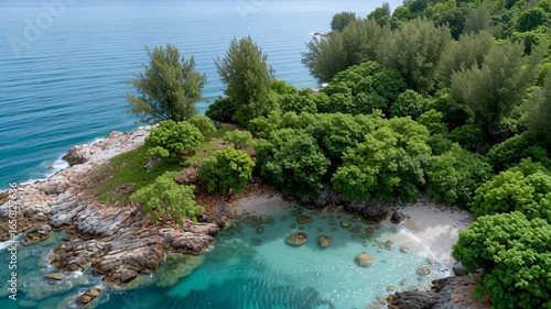 Tropical coastline with lush green trees, rocky shore, clear turquoise water, ocean beach, and vibrant natural scene creating peaceful and refreshing