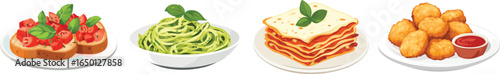 Illustration of Italian dishes: bruschetta, pasta, lasagna, and chicken nuggets, vector set