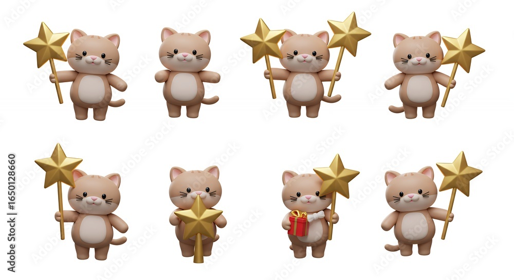 Fototapeta premium Beige cartoon cats holding golden stars