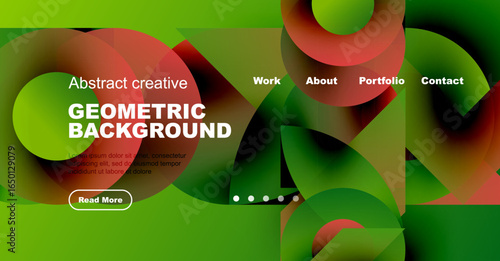 Vibrant geometric background design. Green, red, orange shapes overlap. Website header includes navigation options, text, button.