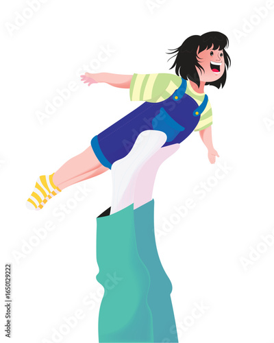 Cartoon girl pretending to fly while lifted by parent on white background ideal for family visuals childhood playful lifestyle creative designs and parenting concepts.