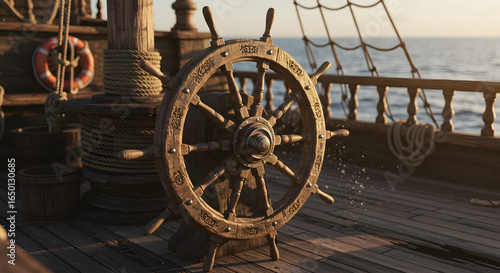 Pirate Ship Steering Wheel on Wooden Deck Realistic