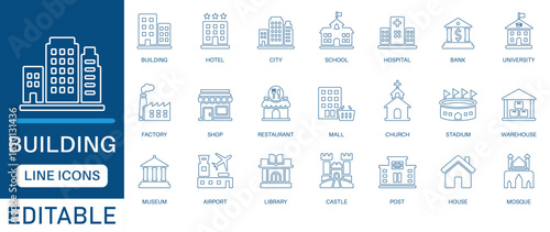 Building Icon Set. Containing house, office, bank, school, hotel, shop, university and hospital icons. Perfect for maps, architecture, and real estate designs. perfect line icon collection.