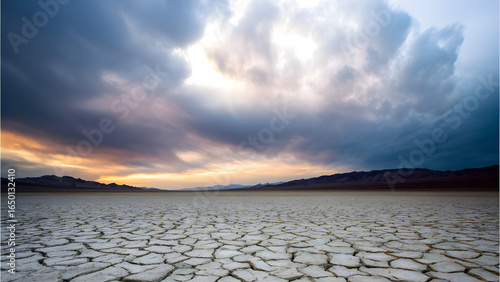 A cracked desert basin with grid lines, representing sudden ecological collapse.