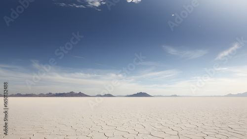 A cracked desert basin with grid lines, representing sudden ecological collapse.