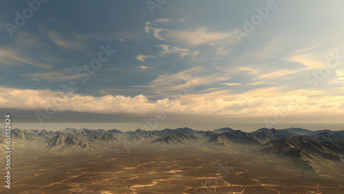 A cracked desert basin with grid lines, representing sudden ecological collapse.