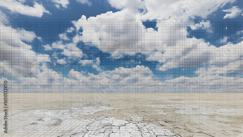 A cracked desert basin with grid lines, representing sudden ecological collapse.