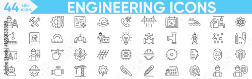 Engineering line icons set. Manufacturing, technology, construction, innovation, mechanical design , industry, tools, repair tools, machinery and more.Vector and illustration