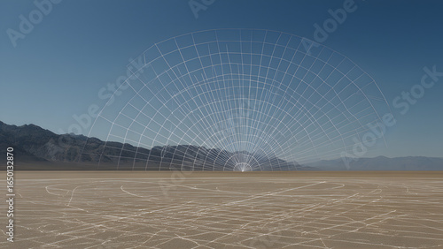 A cracked desert basin with grid lines, representing sudden ecological collapse.