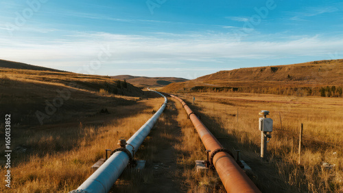 Parallel Pipelines Stretching Across a Vast, Arid Landscape Under a Clear Sky