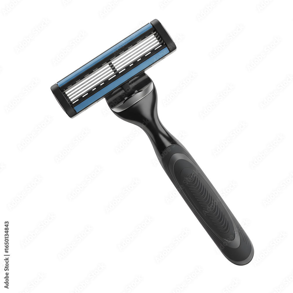 Obraz premium Modern Black Razor with Blue Lubricant Strips and Ergonomic Handle Design.