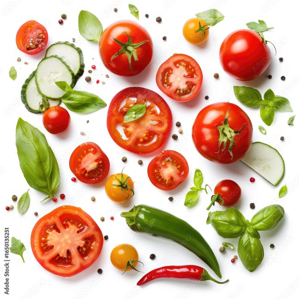 Assorted fresh vegetables, including tomatoes, cucumbers, and peppers, arranged artistically on a white background Assorted fresh vegetables, including tomatoes, cucumbers, and peppers, arranged artistically on a white background
