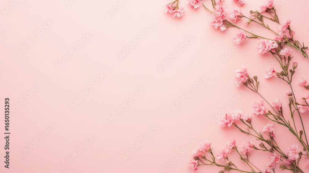 Fototapeta premium Delicate pink flowers arranged on a pale pink background.