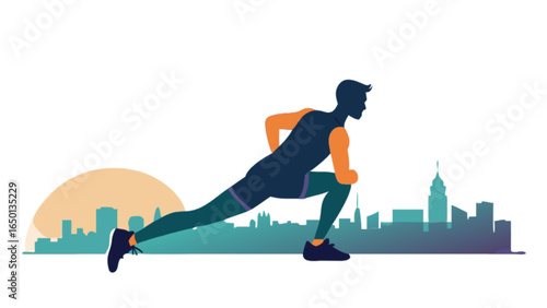 Man stretching in front of a city skyline with a sun in the background in a vector illustration
